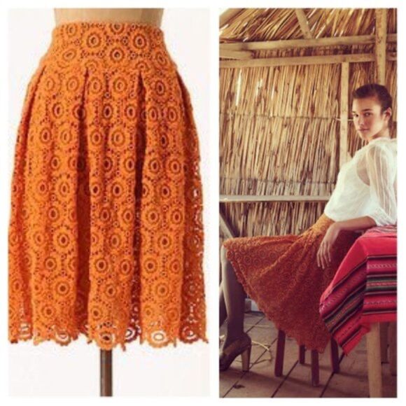 Anthropologie Moulinette Soeurs Tuberose Lace Semi-Sheer Skirt in Orange Size 4P - Picture 2 of 9